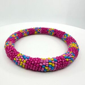 Colorful Beaded Bangle Bracelet Pink Yellow Blue Boho Stackable Festival Jewelry